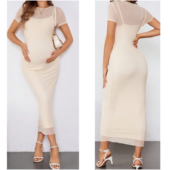 Maternity Cami Tank Short Sleeve Minimalist Midi Dress - Picture 5 of 6